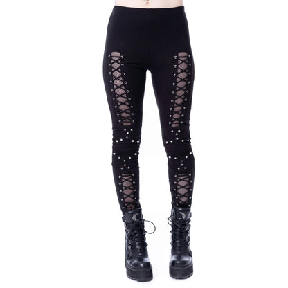 Schwarze Leggings UMBRAE LEGGINGS mit Netzeinsätzen, Zierschnürungen und Nietendetails von Vixxsin