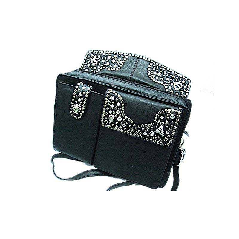 Schwarze Lederhandtasche Schultertasche Elly Kristall im Organizer-Stil vom Strass-Depot