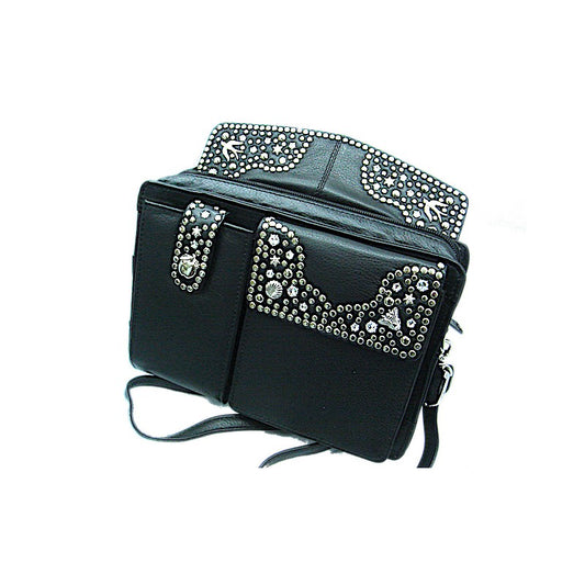 Schwarze Lederhandtasche Schultertasche Elly Kristall im Organizer-Stil vom Strass-Depot
