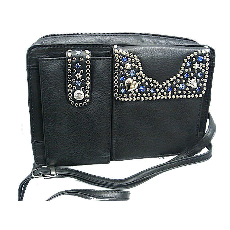 Schwarze Lederhandtasche Schultertasche Elly Blau im Organizer-Stil vom Strass-Depot