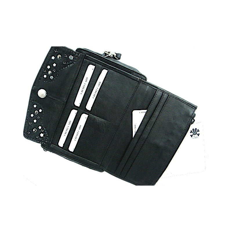 Schwarze Lederhandtasche Schultertasche Elly Kristall im Organizer-Stil vom Strass-Depot