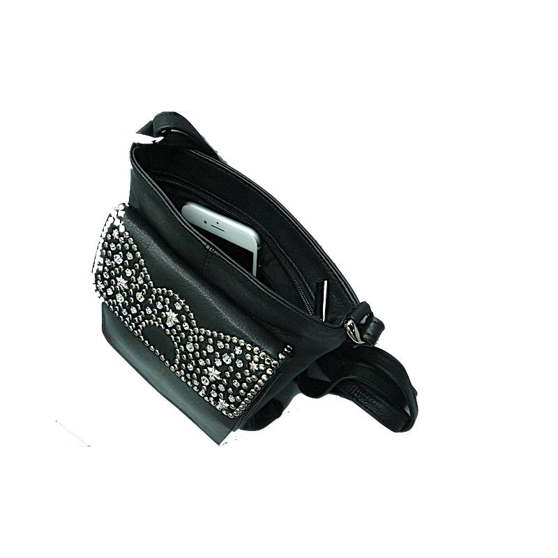 Schwarze Lederhandtasche Umhängetasche Mandy Kristall vom Strass-Depot