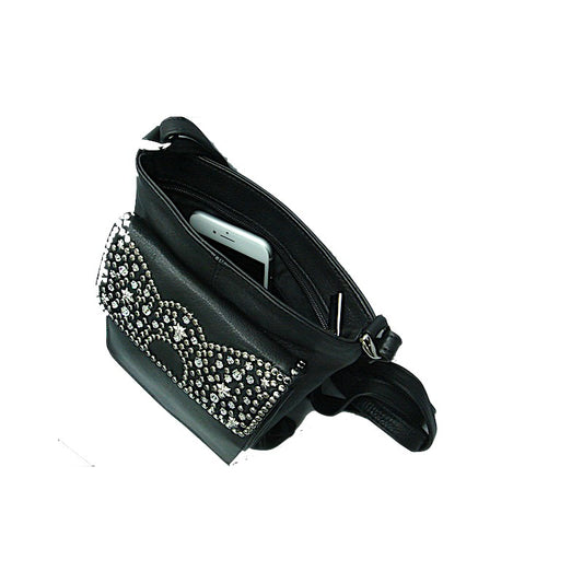 Schwarze Lederhandtasche Umhängetasche Mandy Kristall vom Strass-Depot