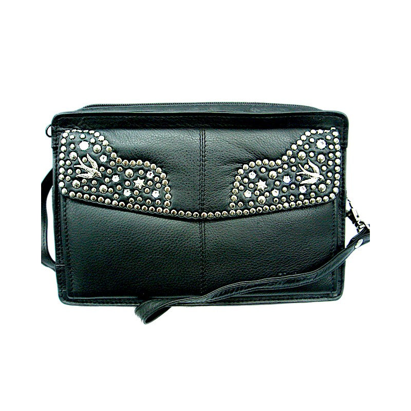 Schwarze Lederhandtasche Schultertasche Elly Kristall im Organizer-Stil vom Strass-Depot