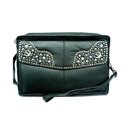 Schwarze Lederhandtasche Schultertasche Elly Kristall im Organizer-Stil vom Strass-Depot