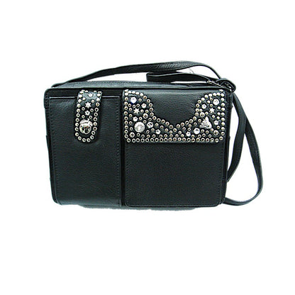 Schwarze Lederhandtasche Schultertasche Elly Kristall im Organizer-Stil vom Strass-Depot