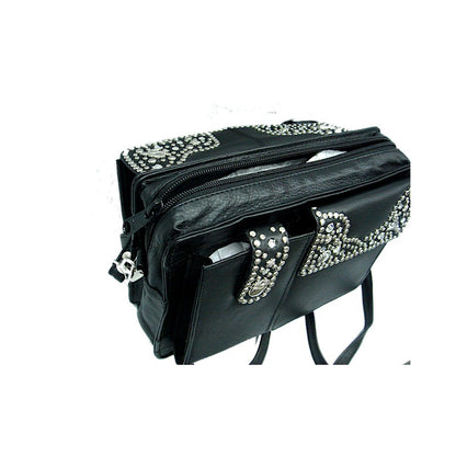 Schwarze Lederhandtasche Schultertasche Elly Kristall im Organizer-Stil vom Strass-Depot