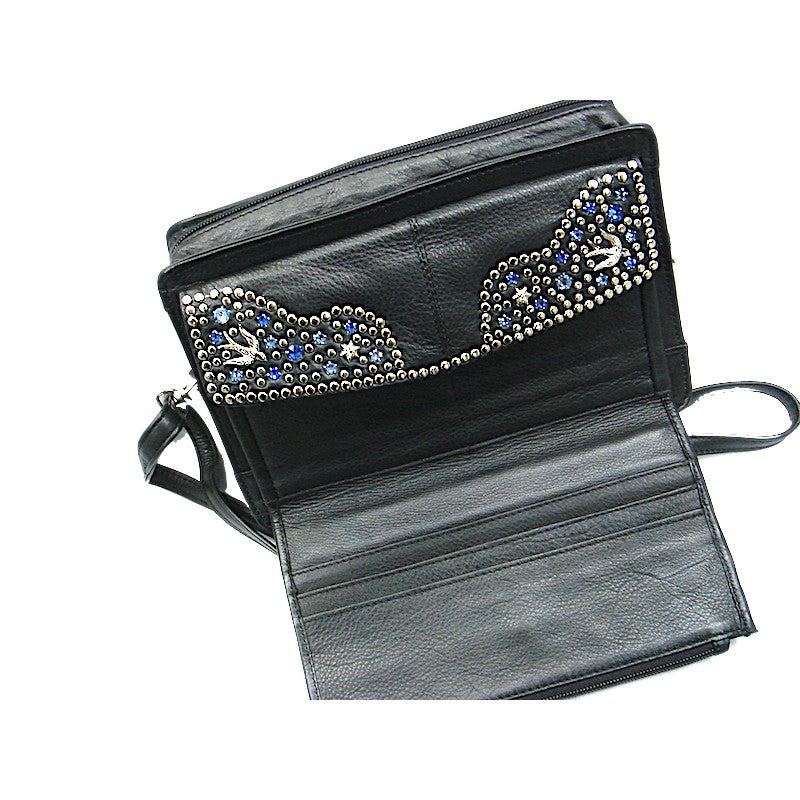 Schwarze Lederhandtasche Schultertasche Elly Blau im Organizer-Stil vom Strass-Depot