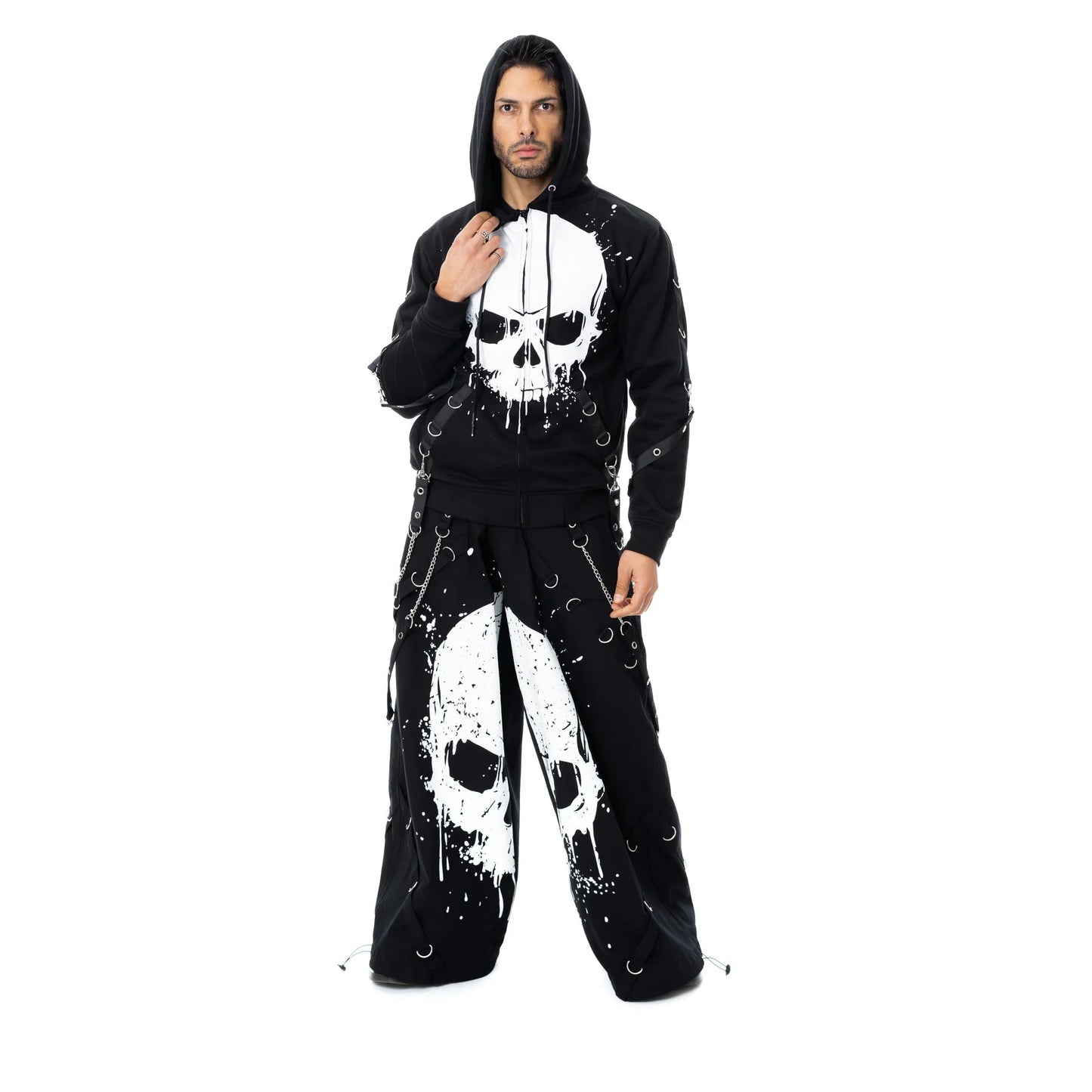 Schwarze Kapuzenpullover UNDEAD HOOD mit Schädelprint und Zierbändern von Poizen Industries