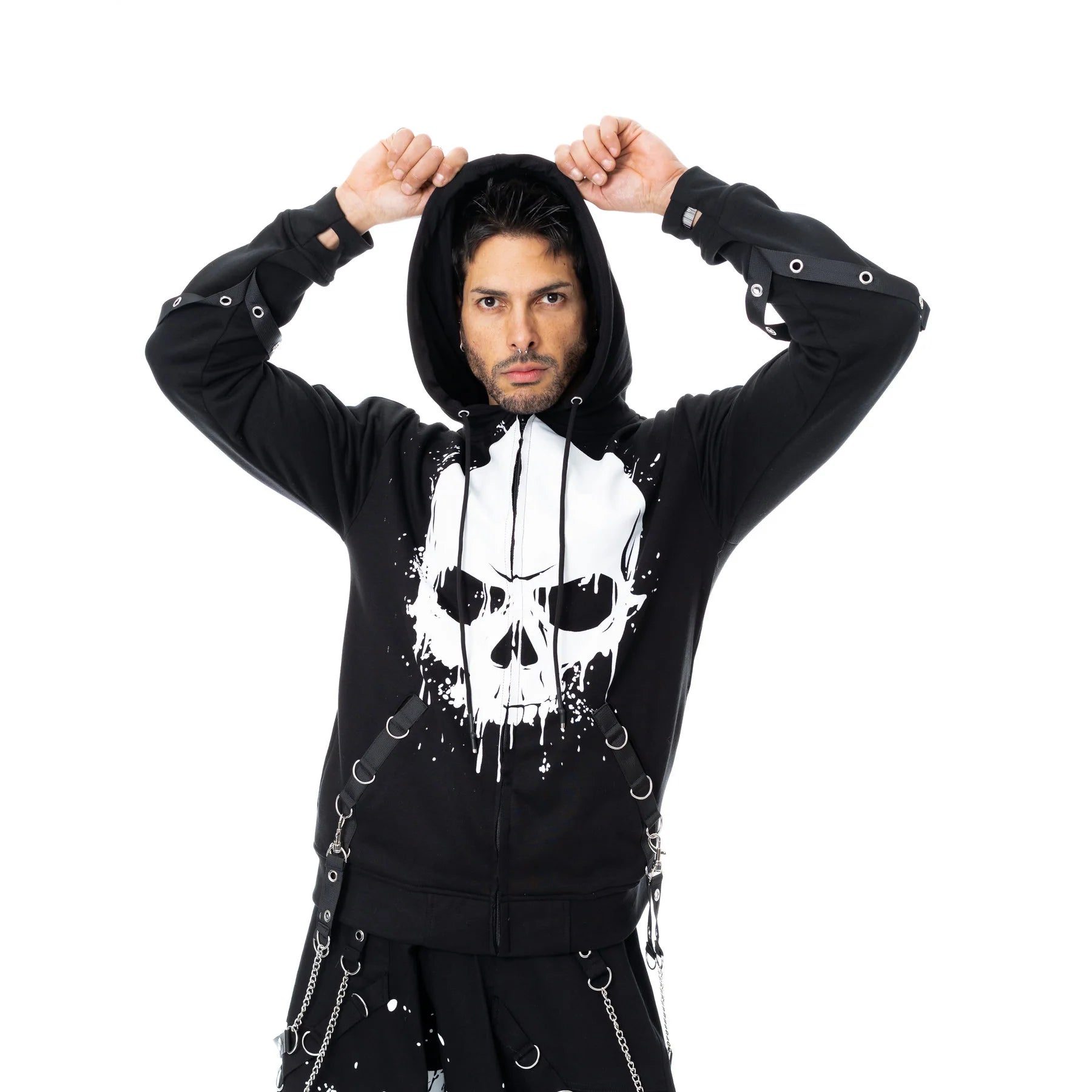 Schwarze Kapuzenpullover UNDEAD HOOD mit Schädelprint und Zierbändern von Poizen Industries