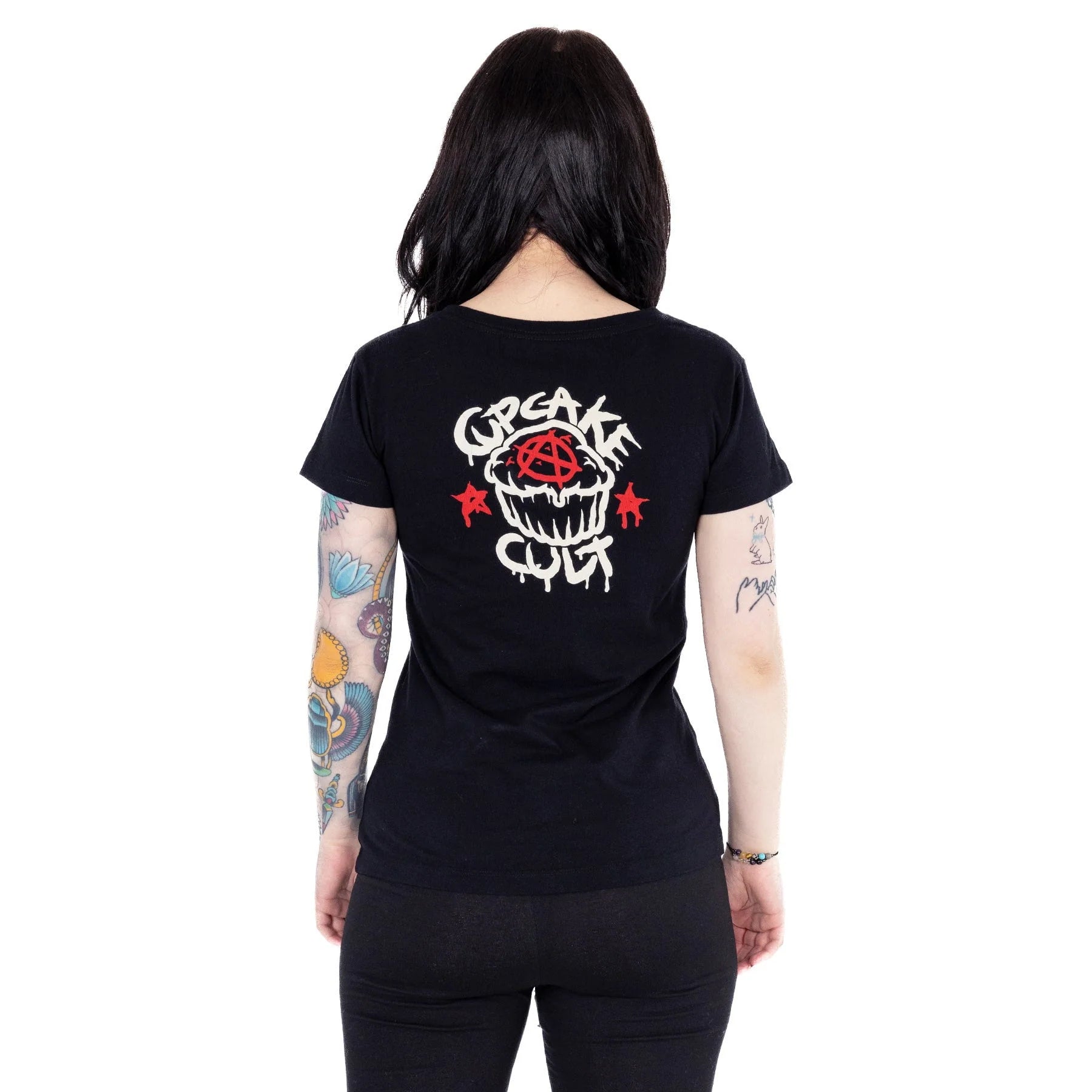 Schwarz-rotes Oberteil UNDEAD KITTY T SHIRT mit detailliertem Print von Cupcake Cult