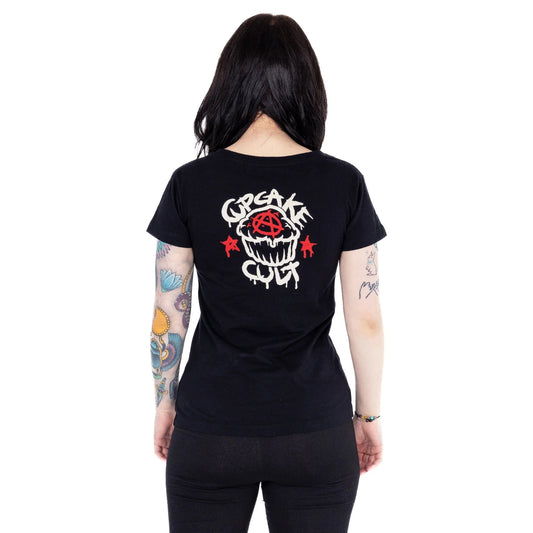 Schwarz-rotes Oberteil UNDEAD KITTY T SHIRT mit detailliertem Print von Cupcake Cult