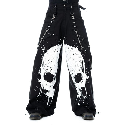 Schwarze, weite Hose UNDEAD PANTS mit Zierriemen und großem Schädelprint von Poizen Industries