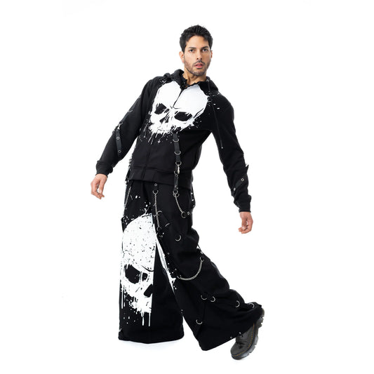 Schwarze, weite Hose UNDEAD PANTS mit Zierriemen und großem Schädelprint von Poizen Industries