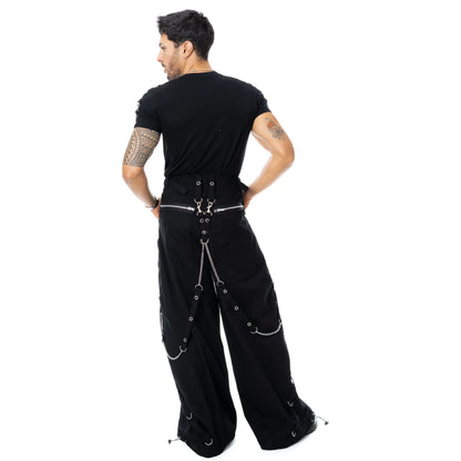 Schwarze, weite Hose UNDEAD PANTS mit Zierriemen und großem Schädelprint von Poizen Industries