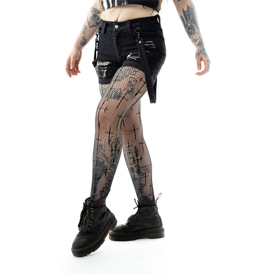 Schwarze Jeans-Hotpants UNDEAD SHORTS im Used-Look mit Riemen von Vixxsin