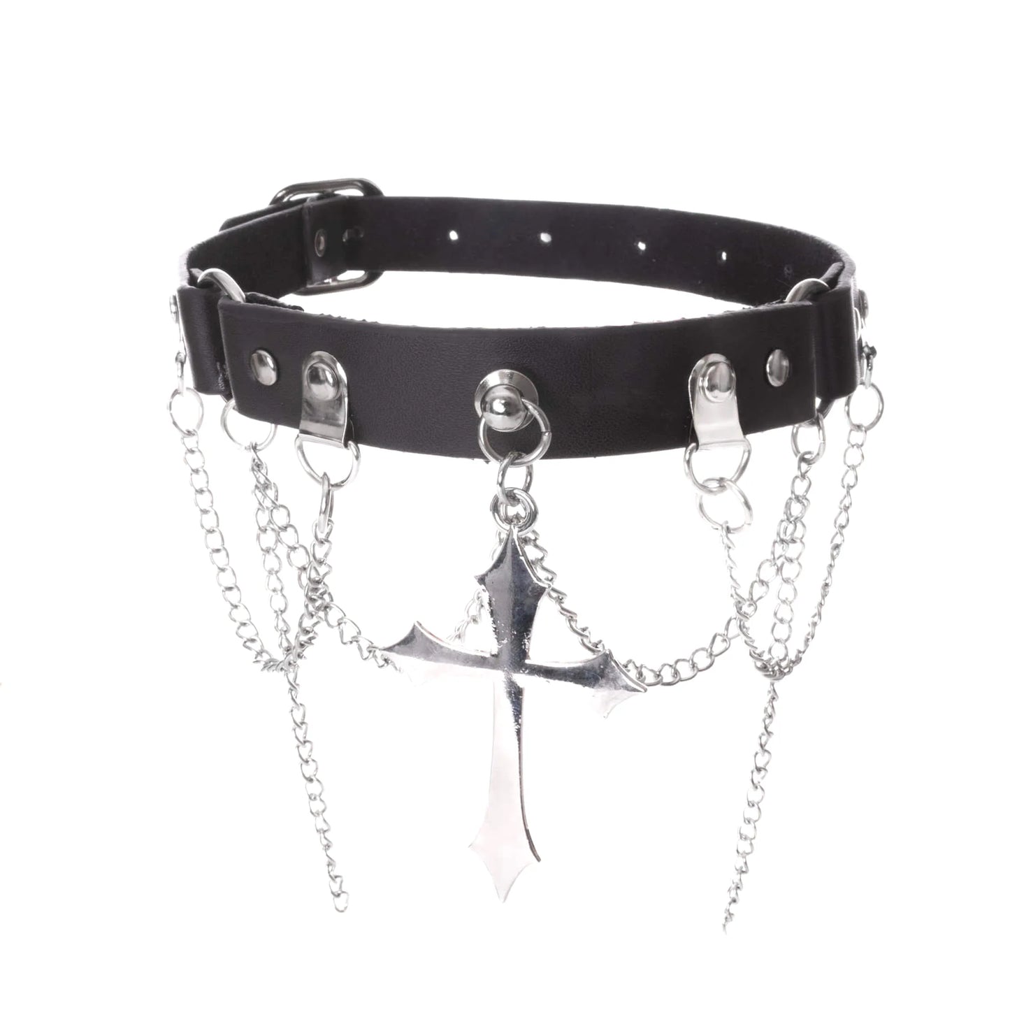 Schwarzes Halsband UNHOLY CHOKER aus Kunstleder mit Zierketten und Kreuzanhänger von Poizen Industries