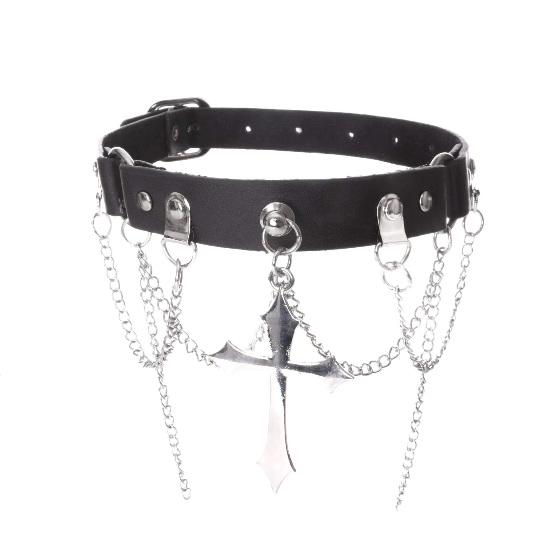 Schwarzes Halsband UNHOLY CHOKER aus Kunstleder mit Zierketten und Kreuzanhänger von Poizen Industries