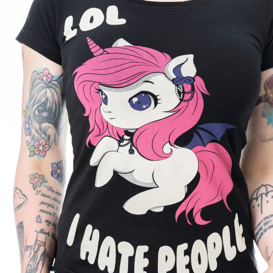 Schwarzes Oberteil UNICORN HATE PEOPLE T-SHIRT mit niedlichem Einhornprint von Cupcake Cult