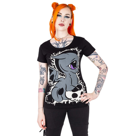 Schwarzes UNICORN SPLATTER TSHIRT mit EInhorn- und Totenkopfdruck von Cupcake Cult