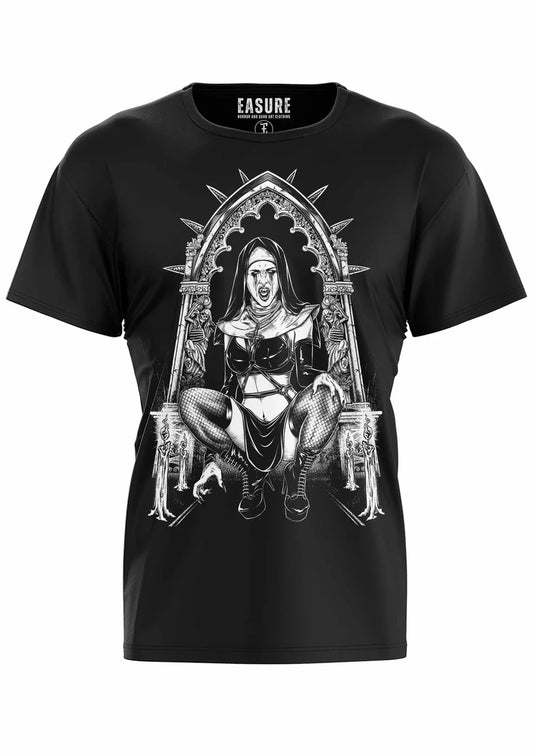 Schwarzes Oberteil VAMPIRE NUN Shirt mit großem Nonnenprint von Easure