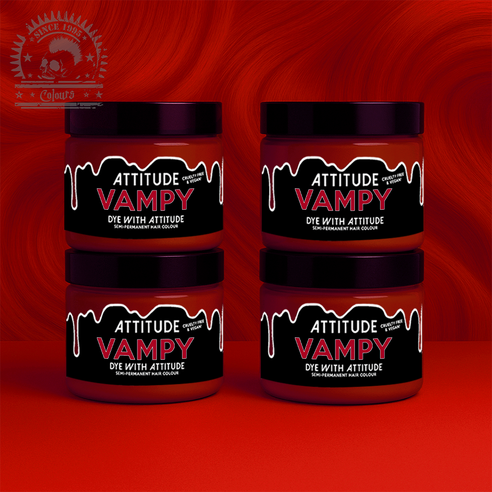 Vier semi-permanente Haartönungen 4er-Sparset VAMPY NEONRED in dem Farbton Hellrot von Attitude