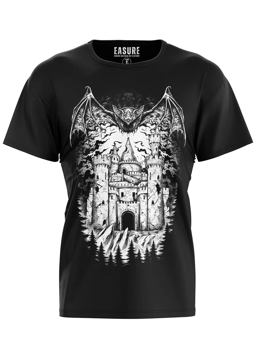 Schwarzes Oberteil VAMPIRES CASTLE Shirt mit großem Fledermaus- und Schlossprint von Easure