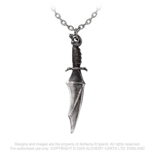 Vampyre Knife Kette mit auffälligem, von einem Messer inspiriertem Anhänger mit einer stilisierten Fledermausflügelklinge und einem Knauf mit Totenkopfdetails vom Alchemy