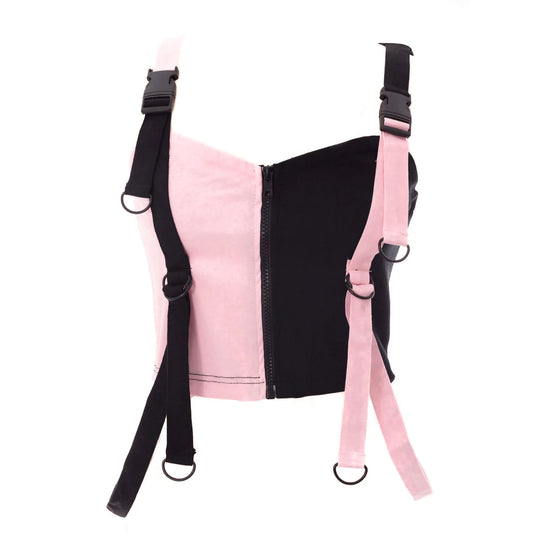 Pink-schwarzes Oberteil VEIL AND THE VOID TOP im Color-Block-Design mit Riemen und Schnürung von Chemical Black