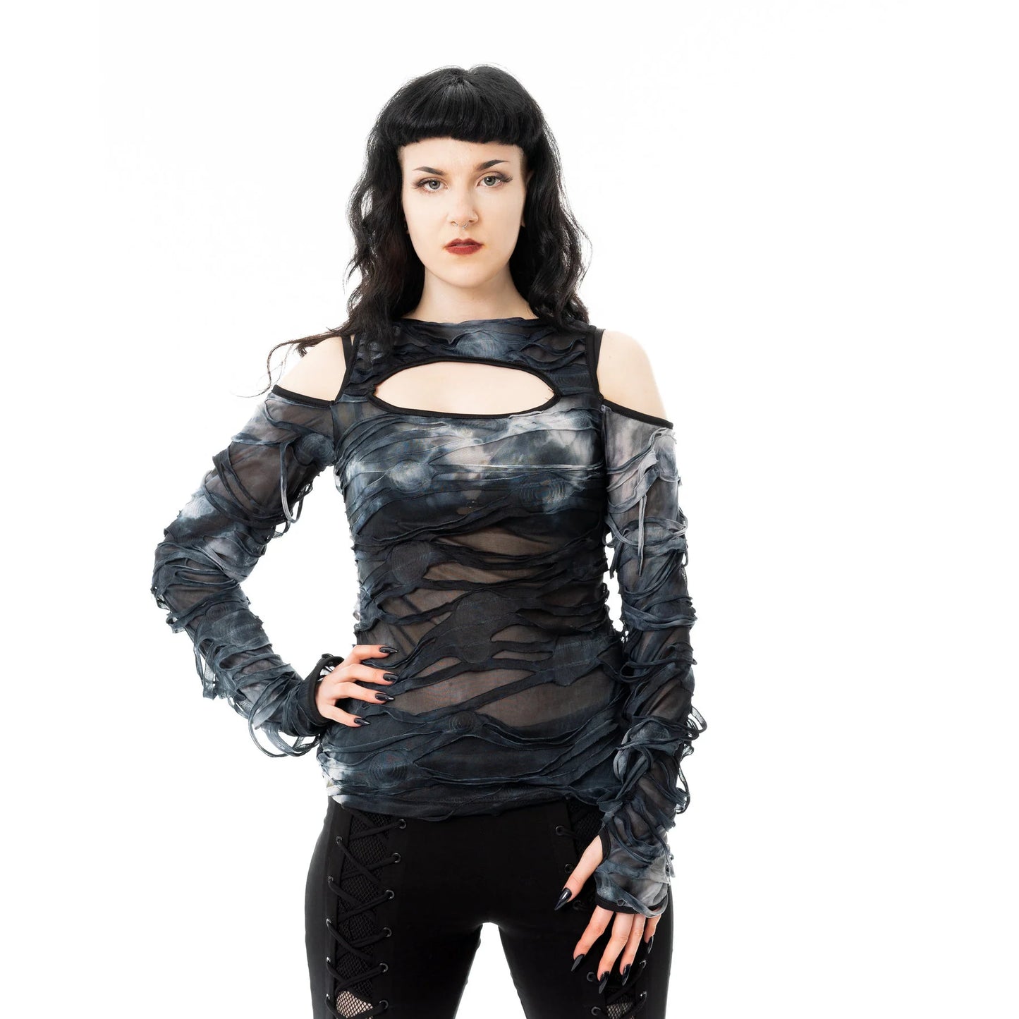 Graues Oberteil VIOLA TOP im destroyed Look und mit Meshelementen von Chemical Black