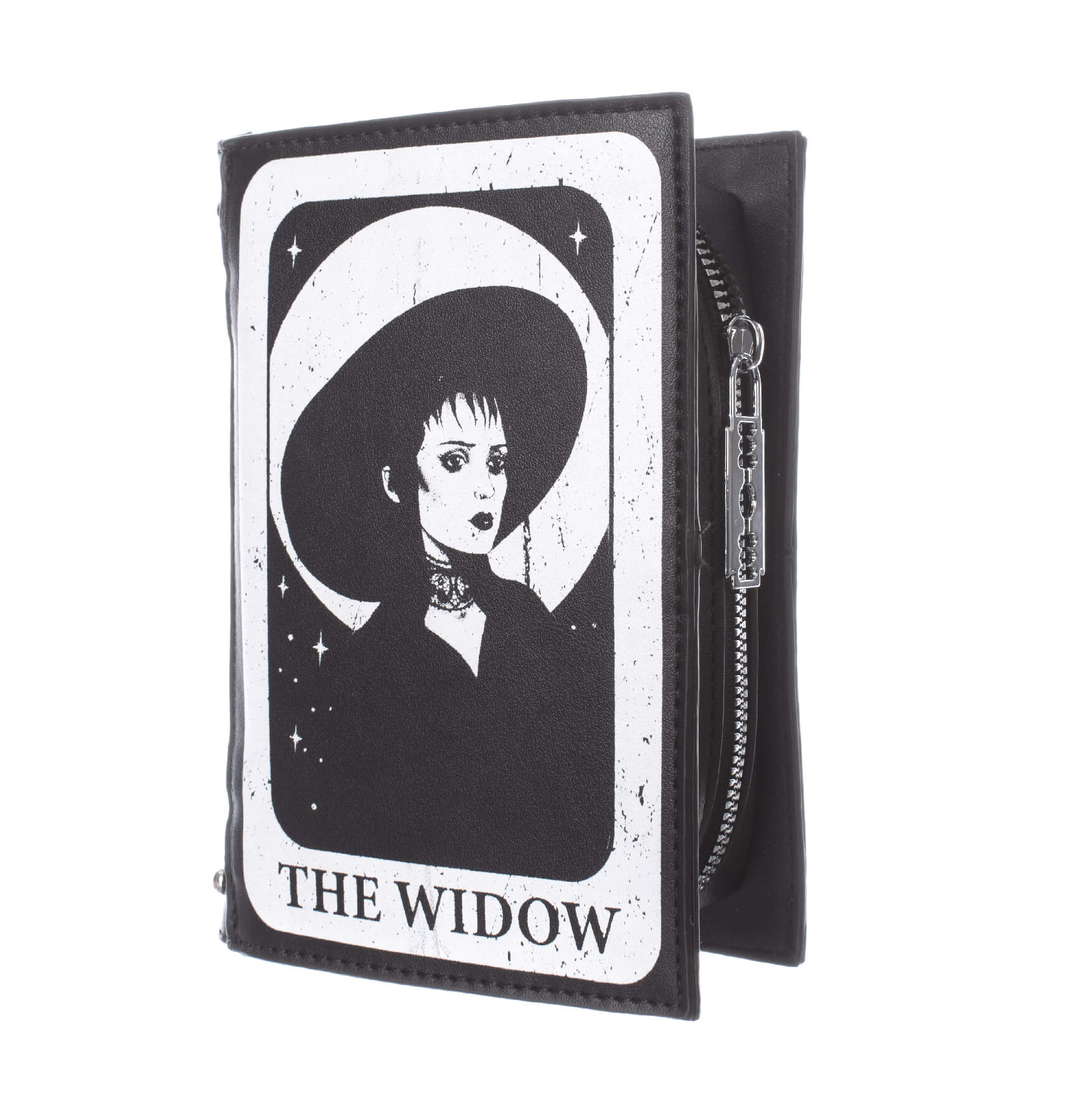 Schwarze, rechteckige Tasche WIDOW TAROT BAG mit Frauenprint von Heartless