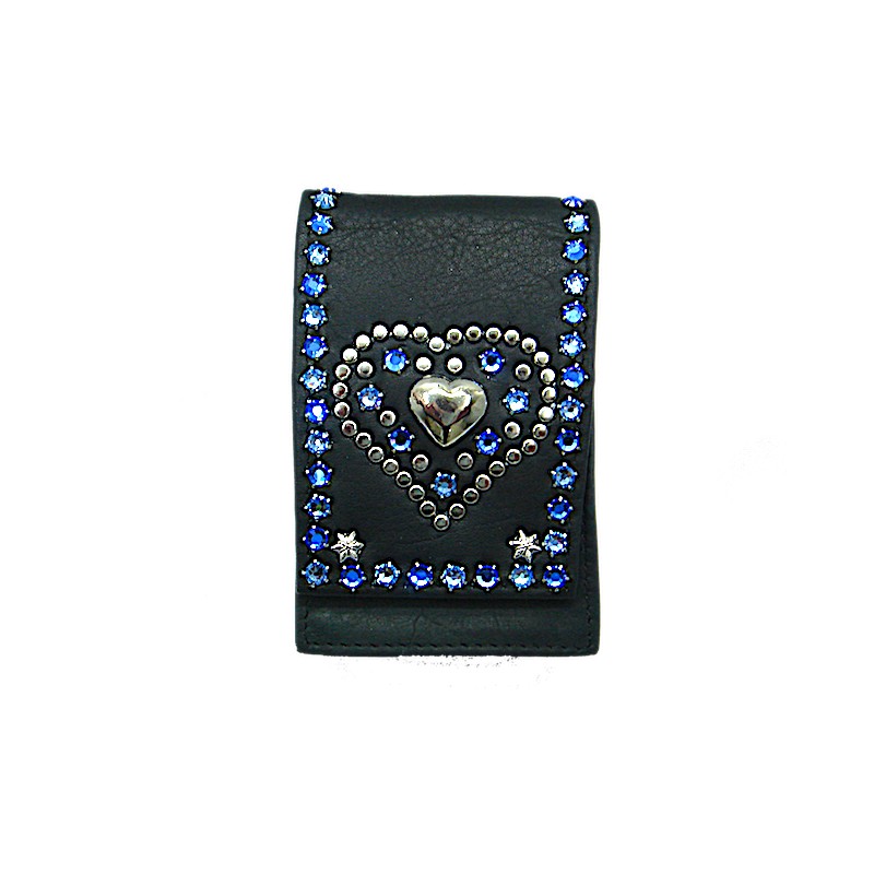 Schwarze, kleine Ledertasche Zigarettenetui Herz Blau vom Strass-Depot