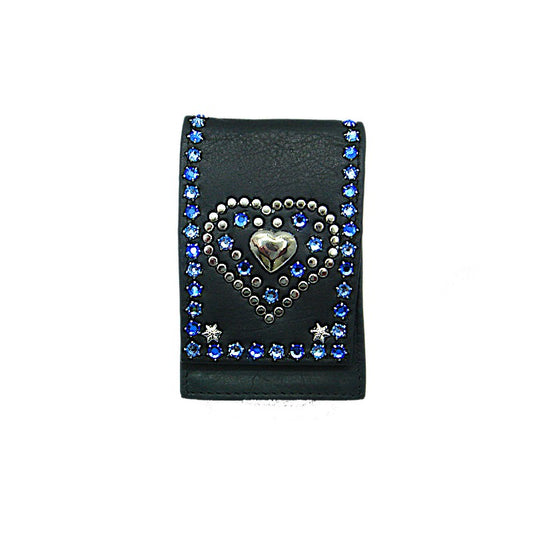 Schwarze, kleine Ledertasche Zigarettenetui Herz Blau vom Strass-Depot
