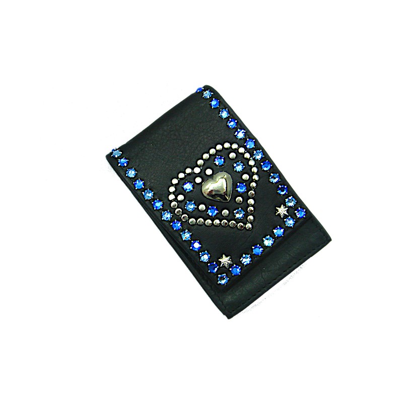 Schwarze, kleine Ledertasche Zigarettenetui Herz Blau vom Strass-Depot