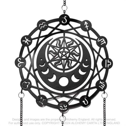 Schwarzes Windspiel Zodiac Dream Catcher Hängedeko in Form eines Traumfängers mit Sternzeichen, sowie Federn von Alchemy